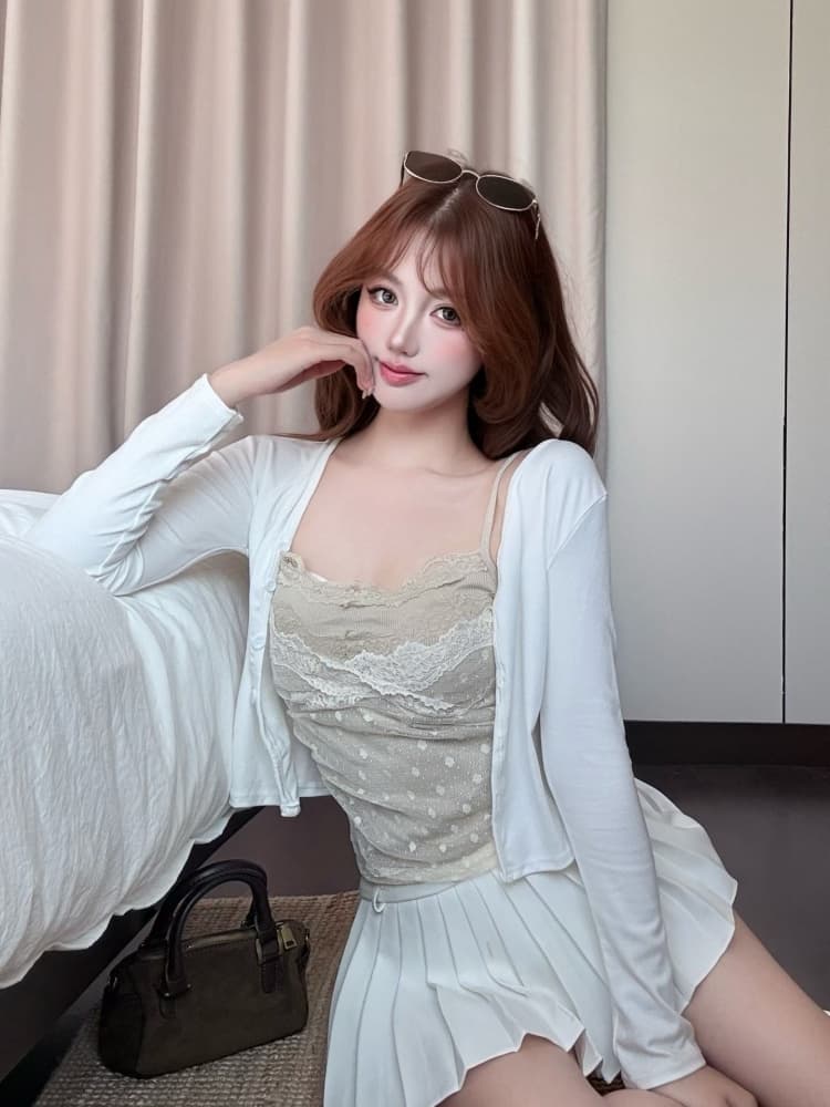 실사 정가 감소되지 않음 순수한 욕망 도트 무늬 망사 레이스 슬립 오픈 가디건 투피스 세트 인사이드 가져 가라. 벨트 가슴 패드 스택 착용 세트 상세 이미지 2