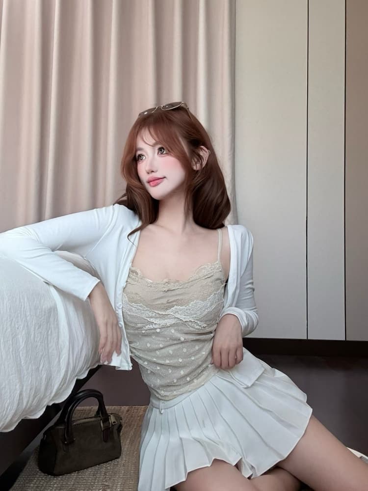실사 정가 감소되지 않음 순수한 욕망 도트 무늬 망사 레이스 슬립 오픈 가디건 투피스 세트 인사이드 가져 가라. 벨트 가슴 패드 스택 착용 세트 상세 이미지 4