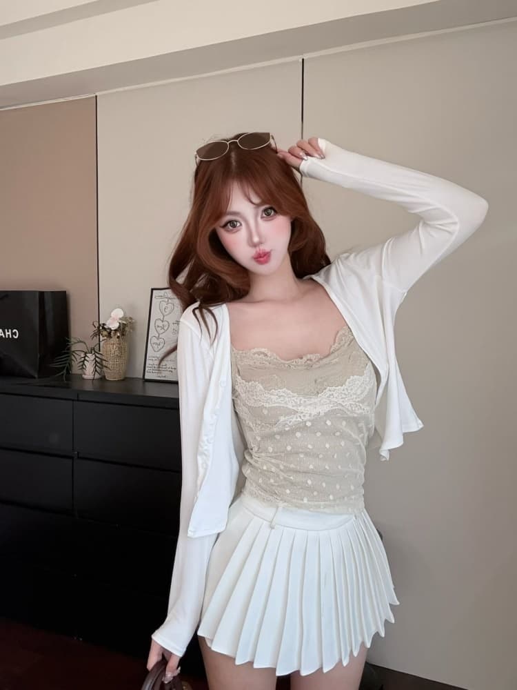 실사 정가 감소되지 않음 순수한 욕망 도트 무늬 망사 레이스 슬립 오픈 가디건 투피스 세트 인사이드 가져 가라. 벨트 가슴 패드 스택 착용 세트 상세 이미지 6