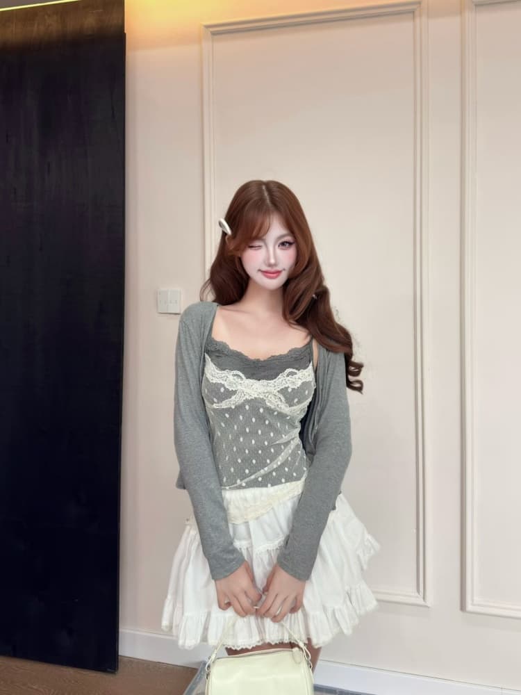 실사 정가 감소되지 않음 순수한 욕망 도트 무늬 망사 레이스 슬립 오픈 가디건 투피스 세트 인사이드 가져 가라. 벨트 가슴 패드 스택 착용 세트 상세 이미지 7