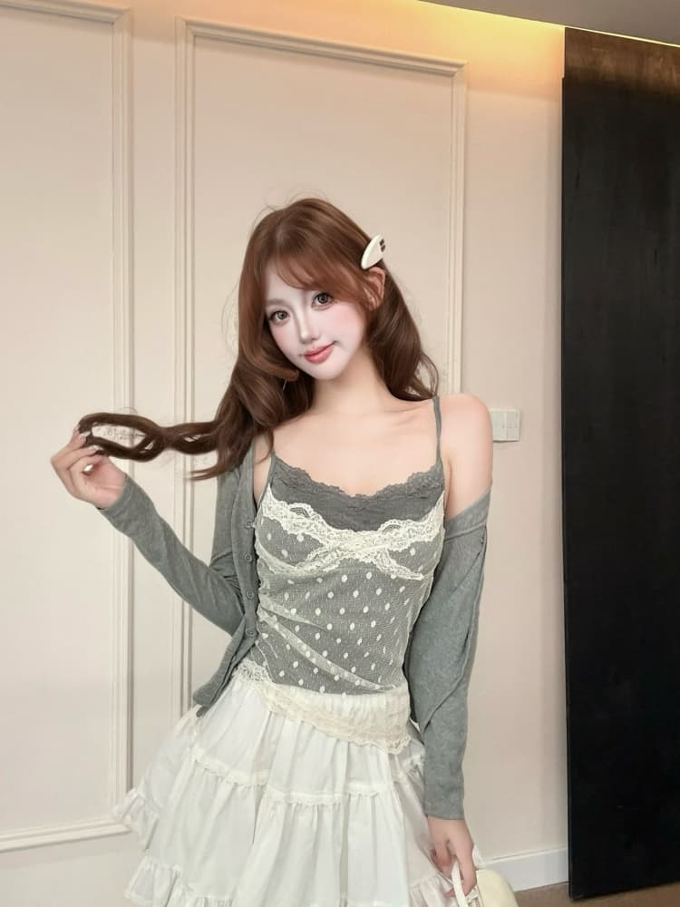 실사 정가 감소되지 않음 순수한 욕망 도트 무늬 망사 레이스 슬립 오픈 가디건 투피스 세트 인사이드 가져 가라. 벨트 가슴 패드 스택 착용 세트 상세 이미지 9