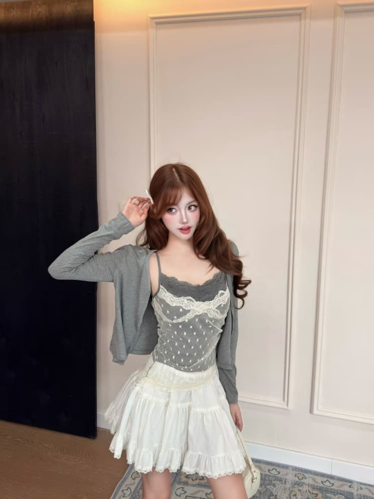 실사 정가 감소되지 않음 순수한 욕망 도트 무늬 망사 레이스 슬립 오픈 가디건 투피스 세트 인사이드 가져 가라. 벨트 가슴 패드 스택 착용 세트 상세 이미지 10