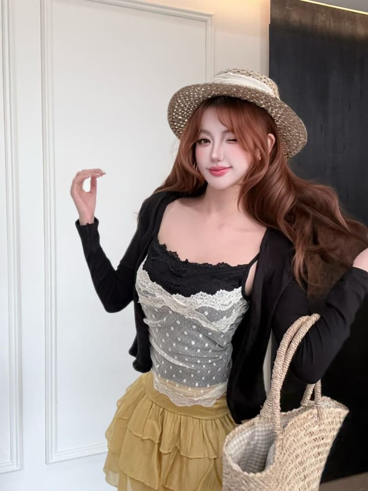 실사 정가 감소되지 않음 순수한 욕망 도트 무늬 망사 레이스 슬립 오픈 가디건 투피스 세트 인사이드 가져 가라. 벨트 가슴 패드 스택 착용 세트 상세 이미지 17