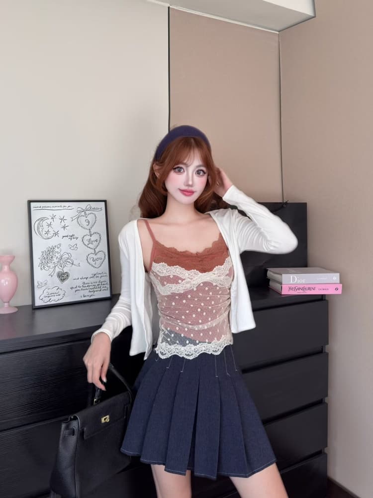 실사 정가 감소되지 않음 순수한 욕망 도트 무늬 망사 레이스 슬립 오픈 가디건 투피스 세트 인사이드 가져 가라. 벨트 가슴 패드 스택 착용 세트 상세 이미지 19