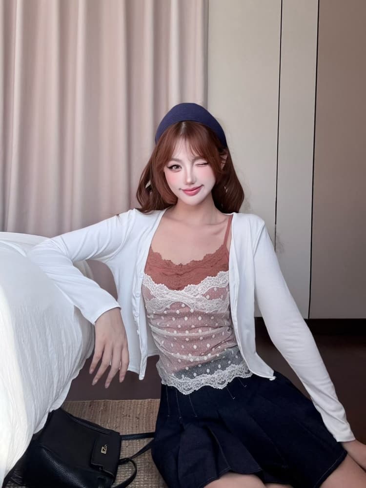 실사 정가 감소되지 않음 순수한 욕망 도트 무늬 망사 레이스 슬립 오픈 가디건 투피스 세트 인사이드 가져 가라. 벨트 가슴 패드 스택 착용 세트 상세 이미지 20