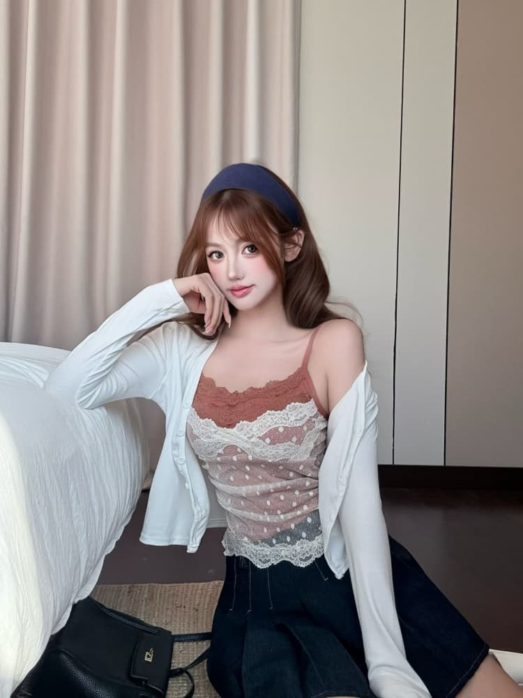 실사 정가 감소되지 않음 순수한 욕망 도트 무늬 망사 레이스 슬립 오픈 가디건 투피스 세트 인사이드 가져 가라. 벨트 가슴 패드 스택 착용 세트 상세 이미지 23
