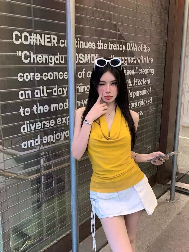 프랑스식 품격 디자인 센스 핫걸 순수한 욕망 바람 행침 목 섹시함 백리스 흔들다 칼라 슬림해 보이는 몸매 가꾸기 연령 감소 조끼 여성 이미지 3