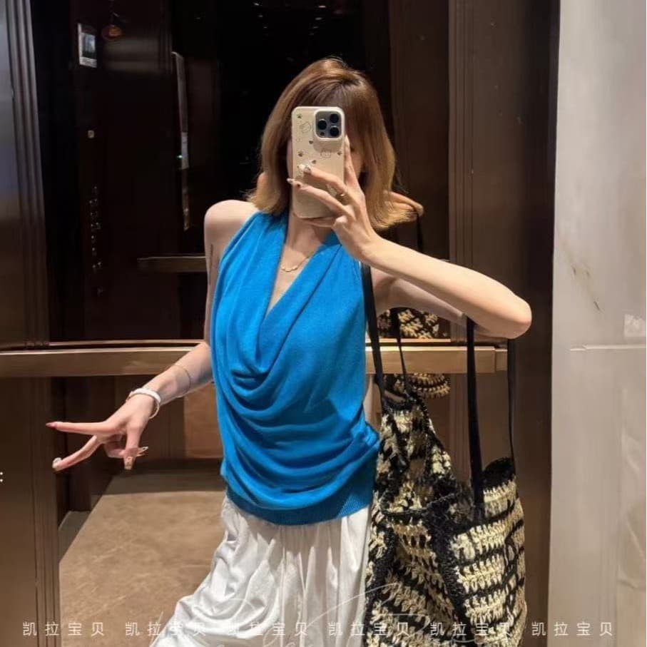 프랑스식 품격 디자인 센스 핫걸 순수한 욕망 바람 행침 목 섹시함 백리스 흔들다 칼라 슬림해 보이는 몸매 가꾸기 연령 감소 조끼 여성 이미지 5