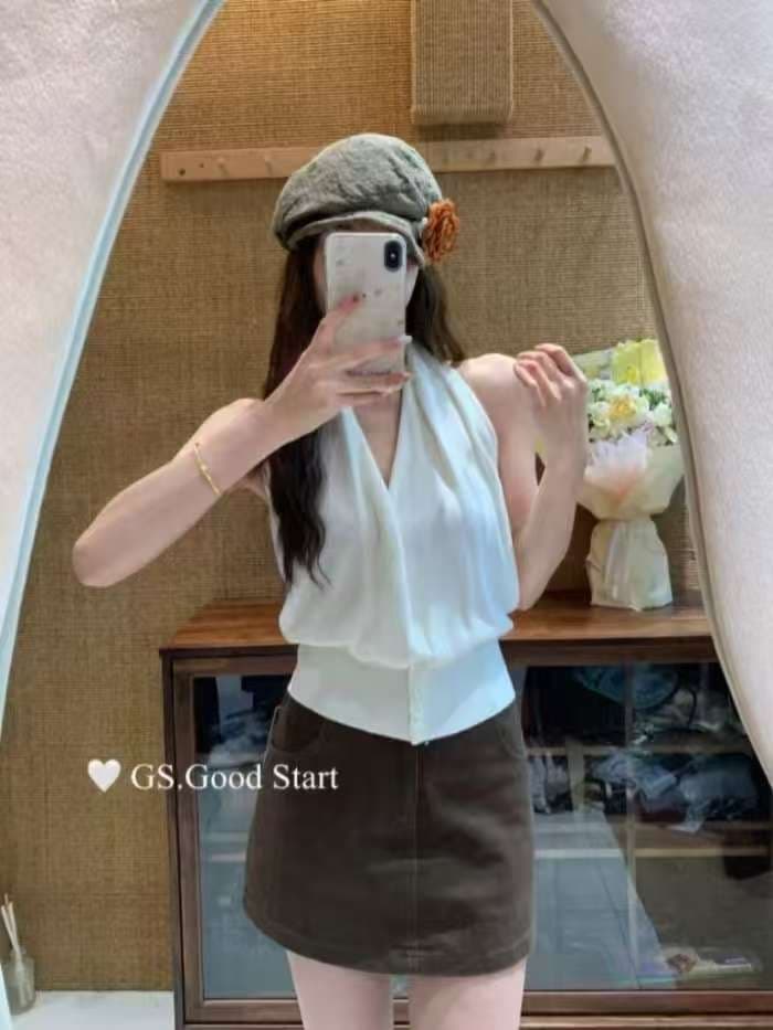 봄 여름 새로운 디자인 센스 품격 패션 V넥 조끼 스트랩 민소매 니트 맨위 여성 상세 이미지 3