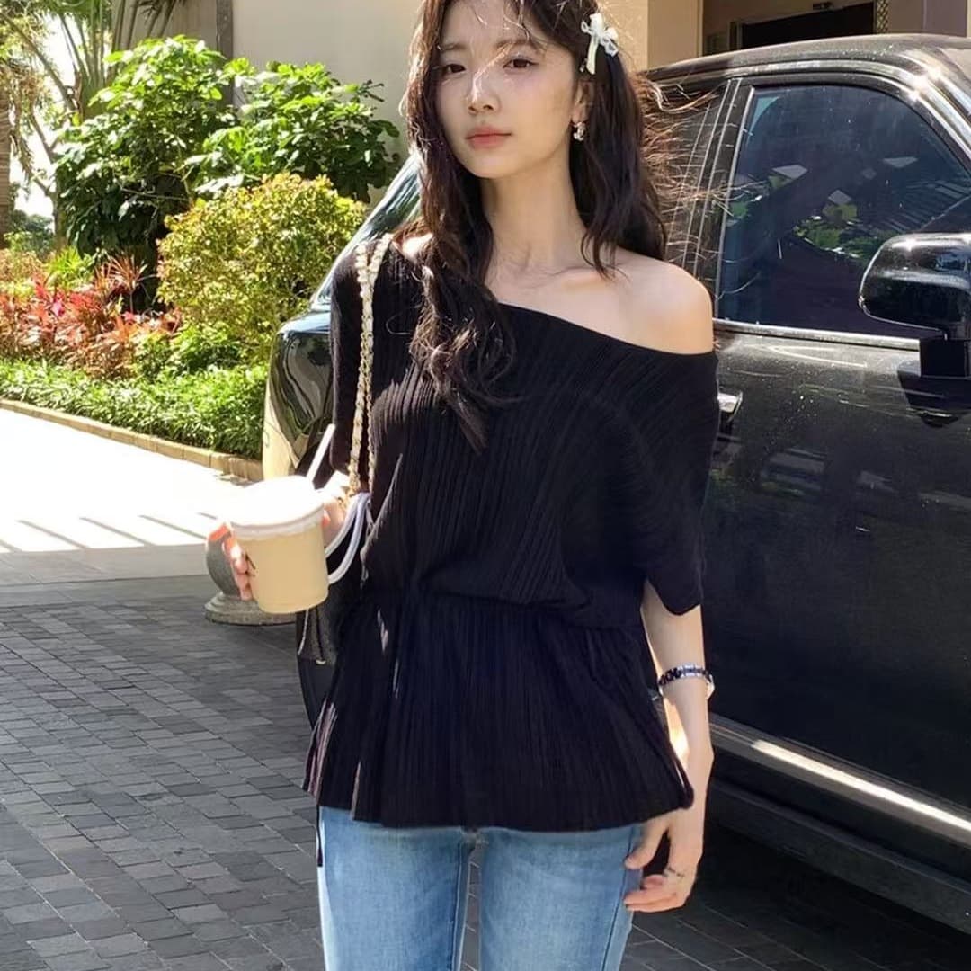 한 부서 느긋한 바람 오프숄더 반팔 니트 스웨터 여성 플리츠 허리 수축 슬림해 보이는 부드러운 바람 라이 경기 서울 주간 실크 맨위 이미지 5