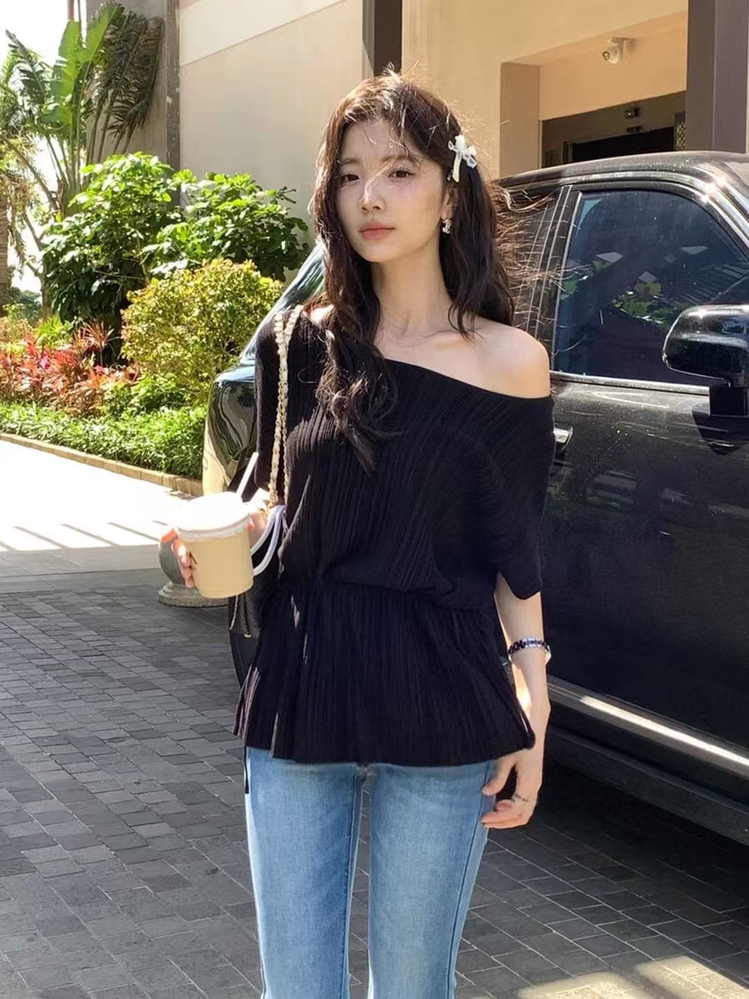 한 부서 느긋한 바람 오프숄더 반팔 니트 스웨터 여성 플리츠 허리 수축 슬림해 보이는 부드러운 바람 라이 경기 서울 주간 실크 맨위 상세 이미지 1