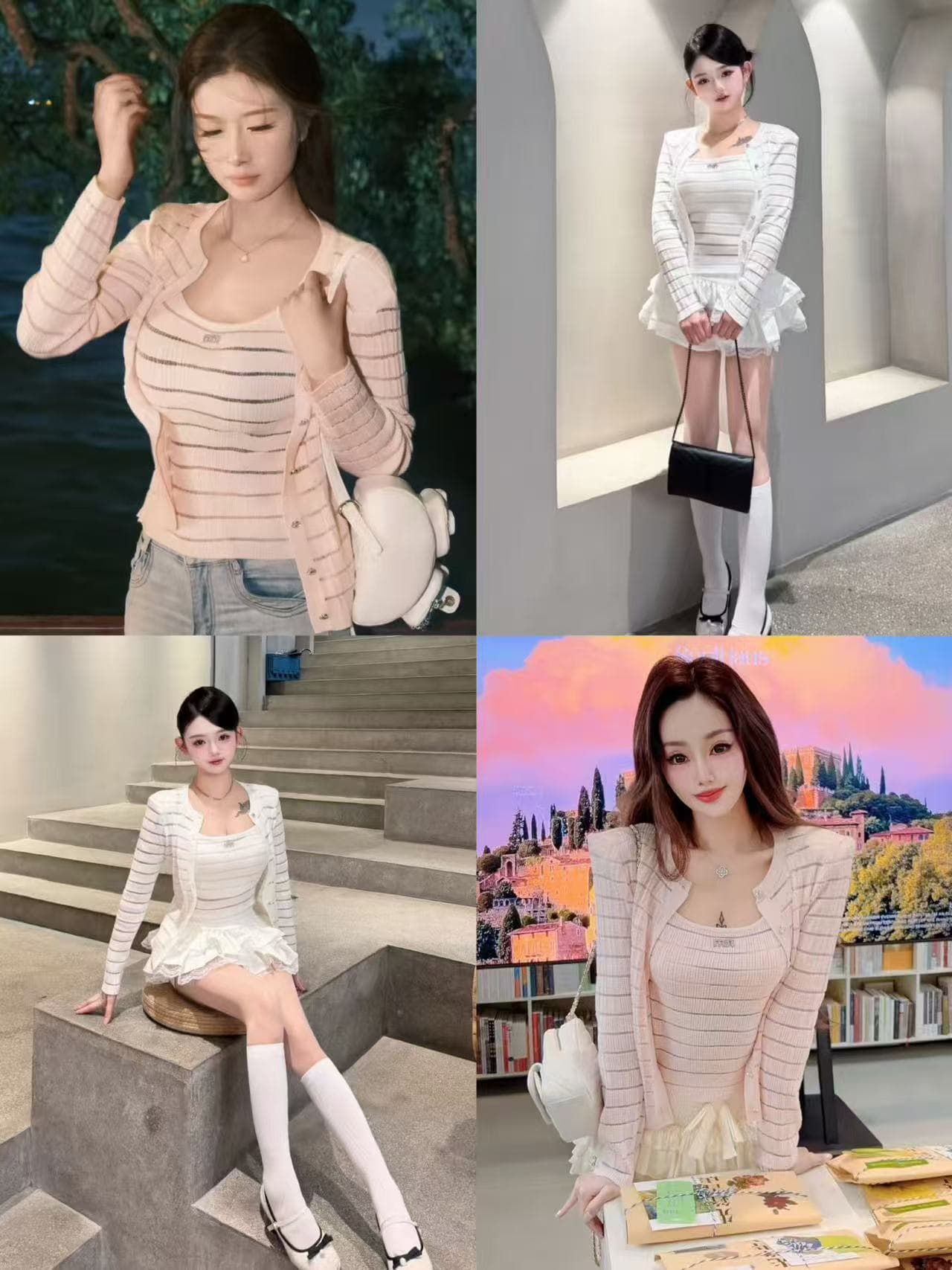 새로운 봄 여름 패션 알파벳 훈련 장식 스트라이프 니트 슬립 오픈 가디건 두 조각 여성 세트 다용도 품격 외출용 맨위 상세 이미지 1