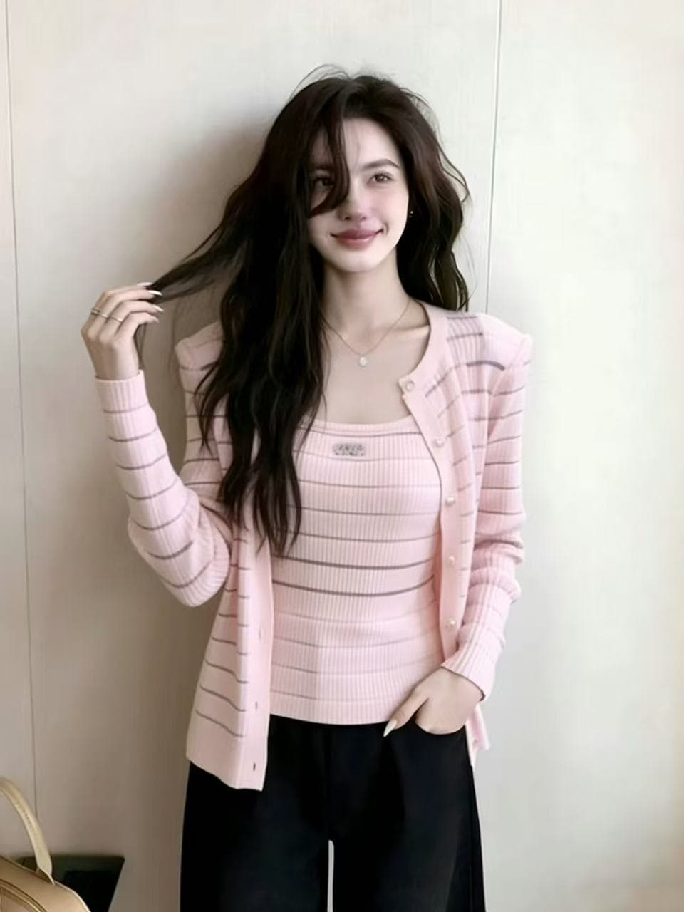 새로운 봄 여름 패션 알파벳 훈련 장식 스트라이프 니트 슬립 오픈 가디건 두 조각 여성 세트 다용도 품격 외출용 맨위 상세 이미지 4