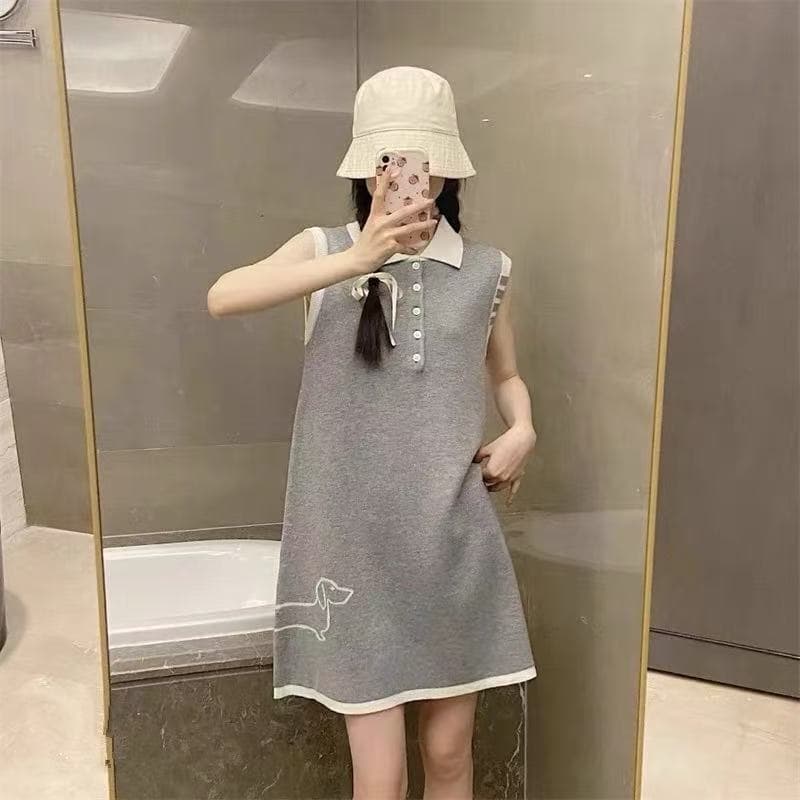 maree 높음 세트 봄 여름 패치워크 색상 자카드 POLO 칼라 미니 스커트 강아지 프린트 민소매 니트 드레스 상세 이미지 2
