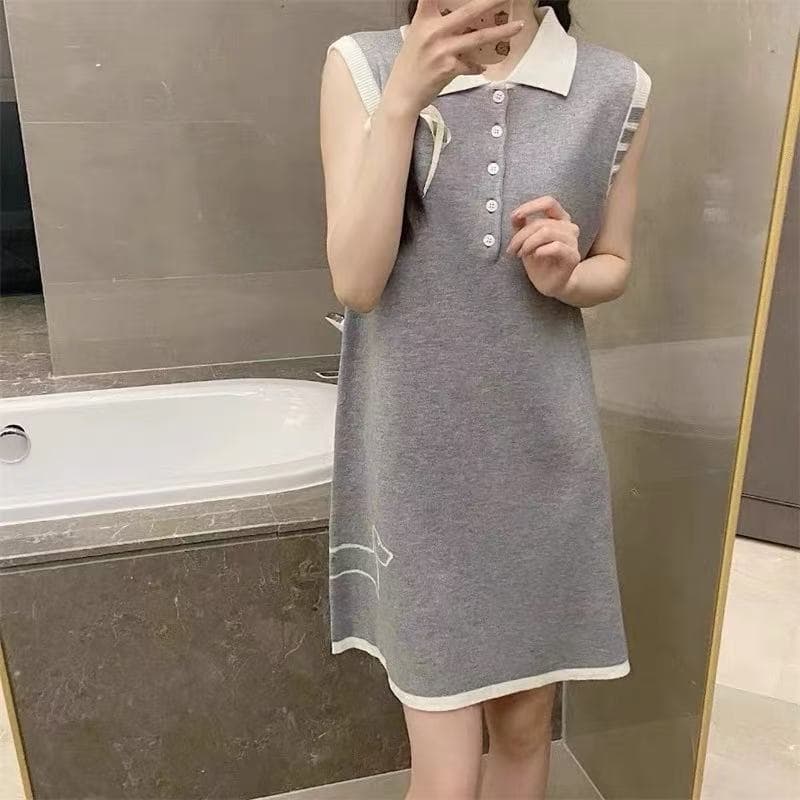maree 높음 세트 봄 여름 패치워크 색상 자카드 POLO 칼라 미니 스커트 강아지 프린트 민소매 니트 드레스 상세 이미지 3