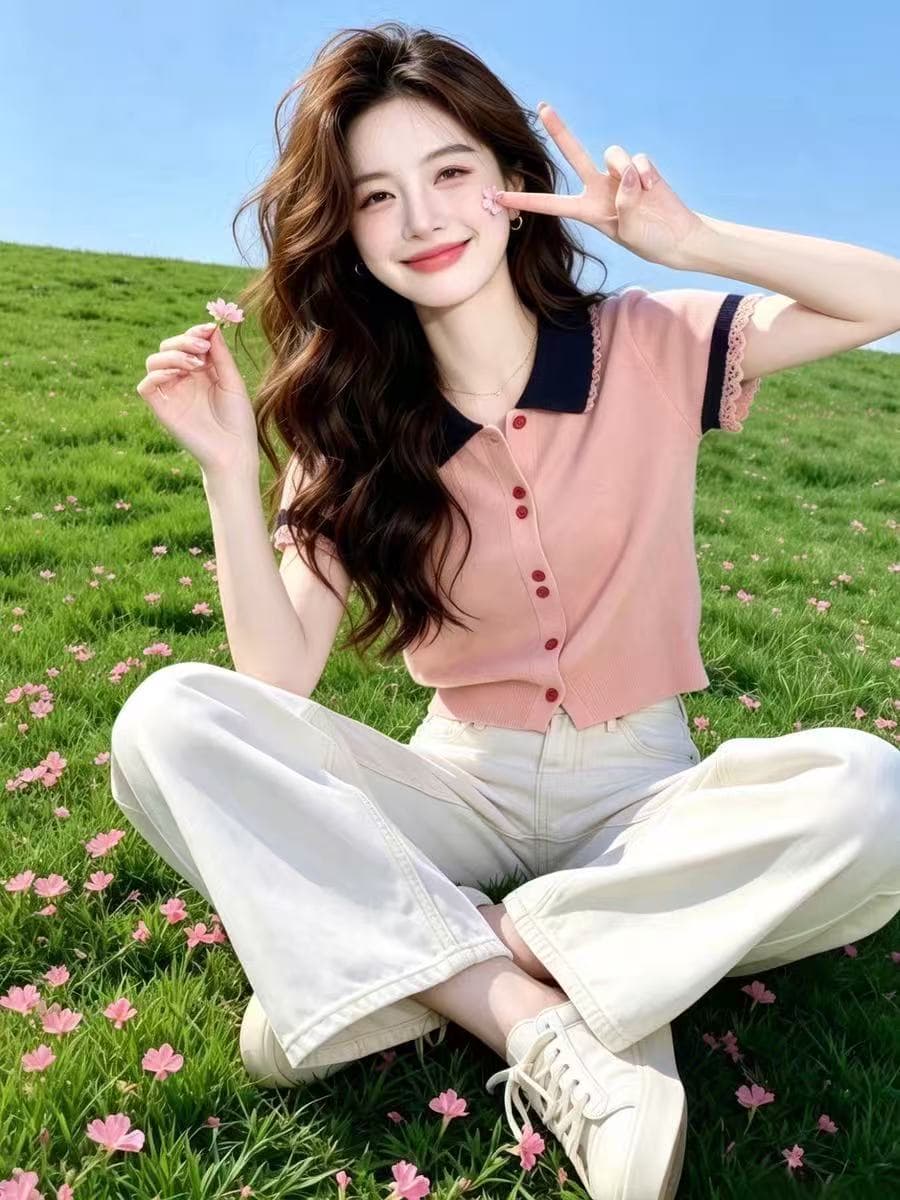 핑크색 POLO 칼라 단추 레이스 싱글 줄 버튼 반팔 티셔츠 여성 2026 새로운 여름 해변가 도파민 맨위 이미지 2