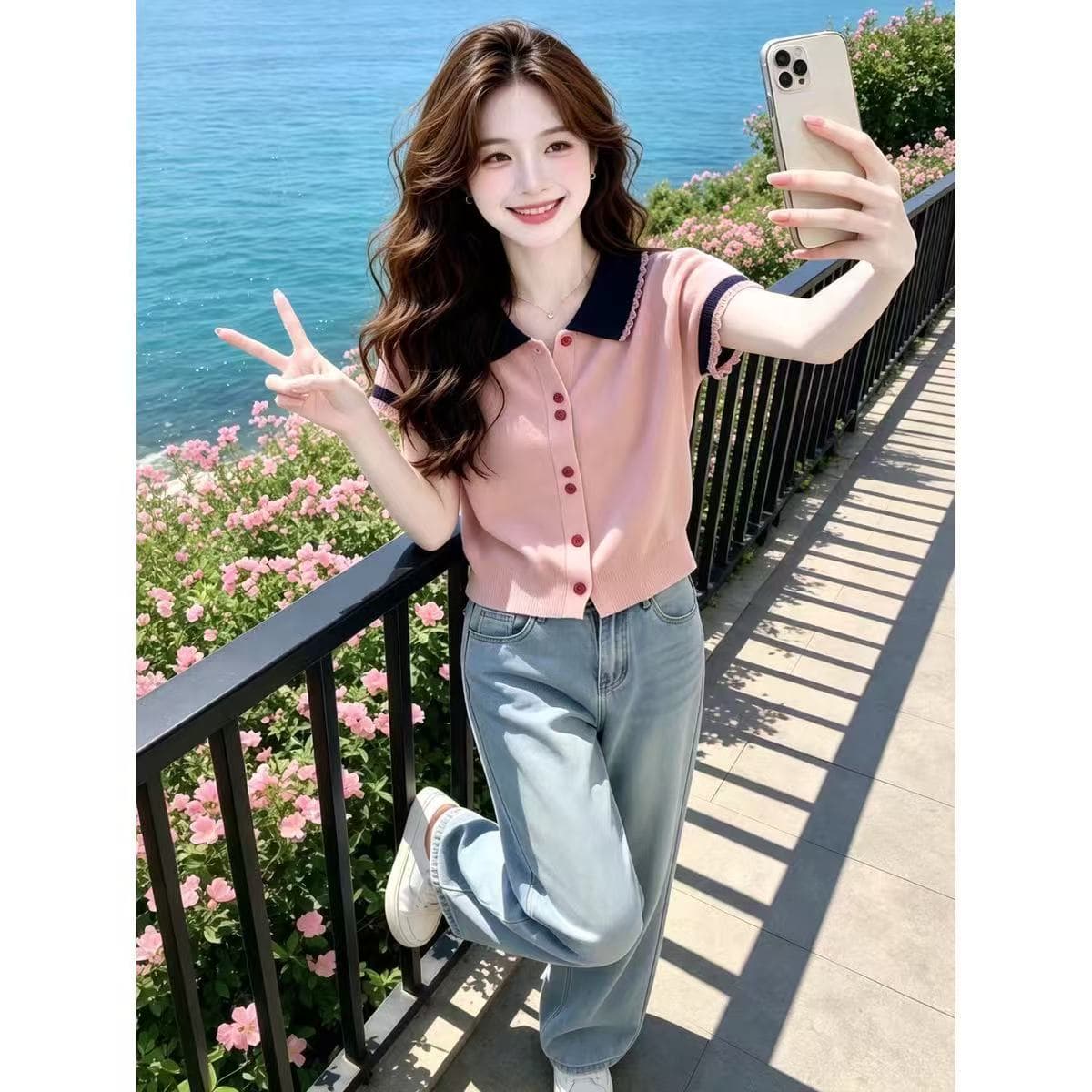 핑크색 POLO 칼라 단추 레이스 싱글 줄 버튼 반팔 티셔츠 여성 2026 새로운 여름 해변가 도파민 맨위