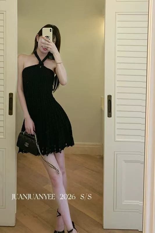 juanjuanyeesimkh 사설 서비스 치마 십자가 비틀림 행침 목 훅 니트 홀로우 아웃 민소매 드레스 이미지 6