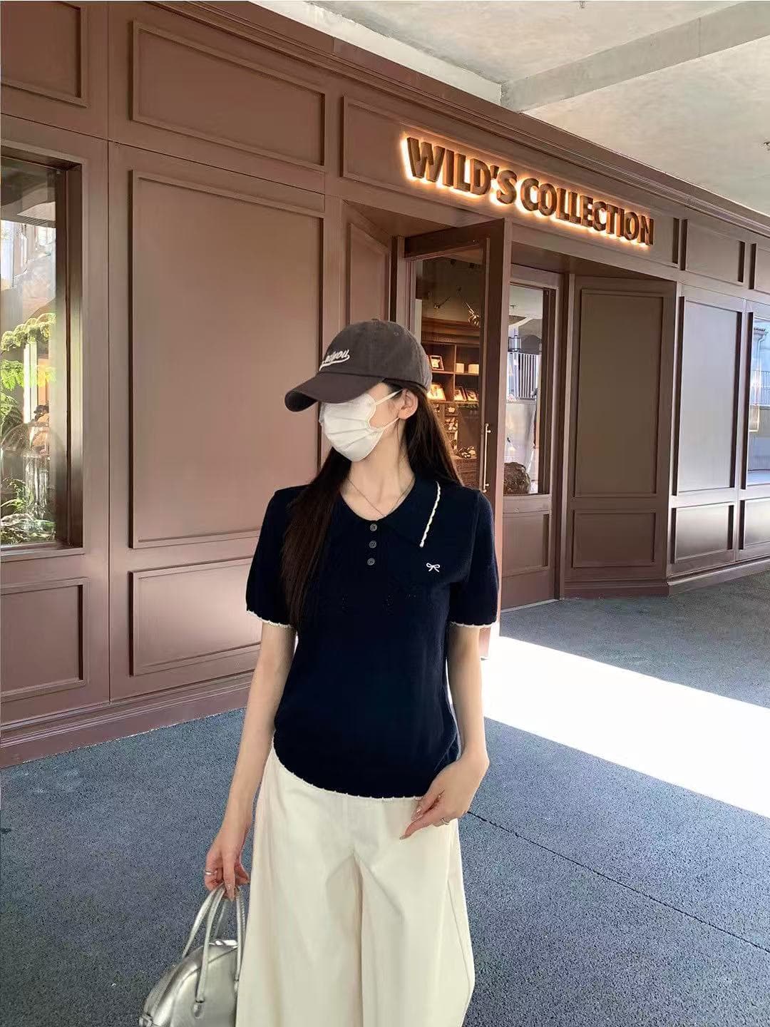 부드러운 POLO 칼라 프릴 반팔 니트 스웨터 여성 2026 여름 새로운 배색 측면 몸매 가꾸기 슬림해 보이는 맨위 트렌디 이미지 2