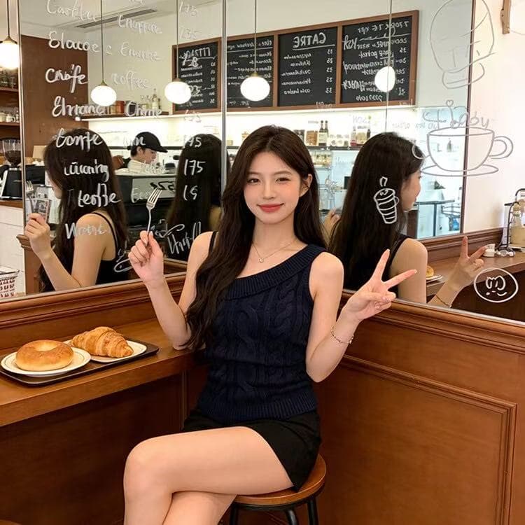 새로운 마 무늬 비스듬한 어깨 니트 쇼트 스타일 허리 수축 캐미솔 레트로 순수한 욕망 바람 외출용 작은 키 품격 이미지 2