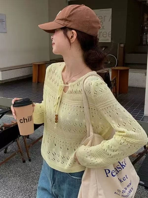 황색 레이스업 홀로우 아웃 긴팔 새로운 니트 스웨터 여성 여름 얇은 스타일 루즈핏 슬림해 보이는 에어컨 자외선 차단 블라우스 맨위 이미지 4