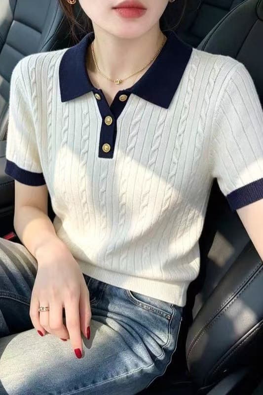 한 부서 몸매 가꾸기 폴로 칼라 배색 반팔 니트 스웨터 2026 여름 패션 외국 가스 우아함 다용도 편안함 맨위 여성 이미지 6