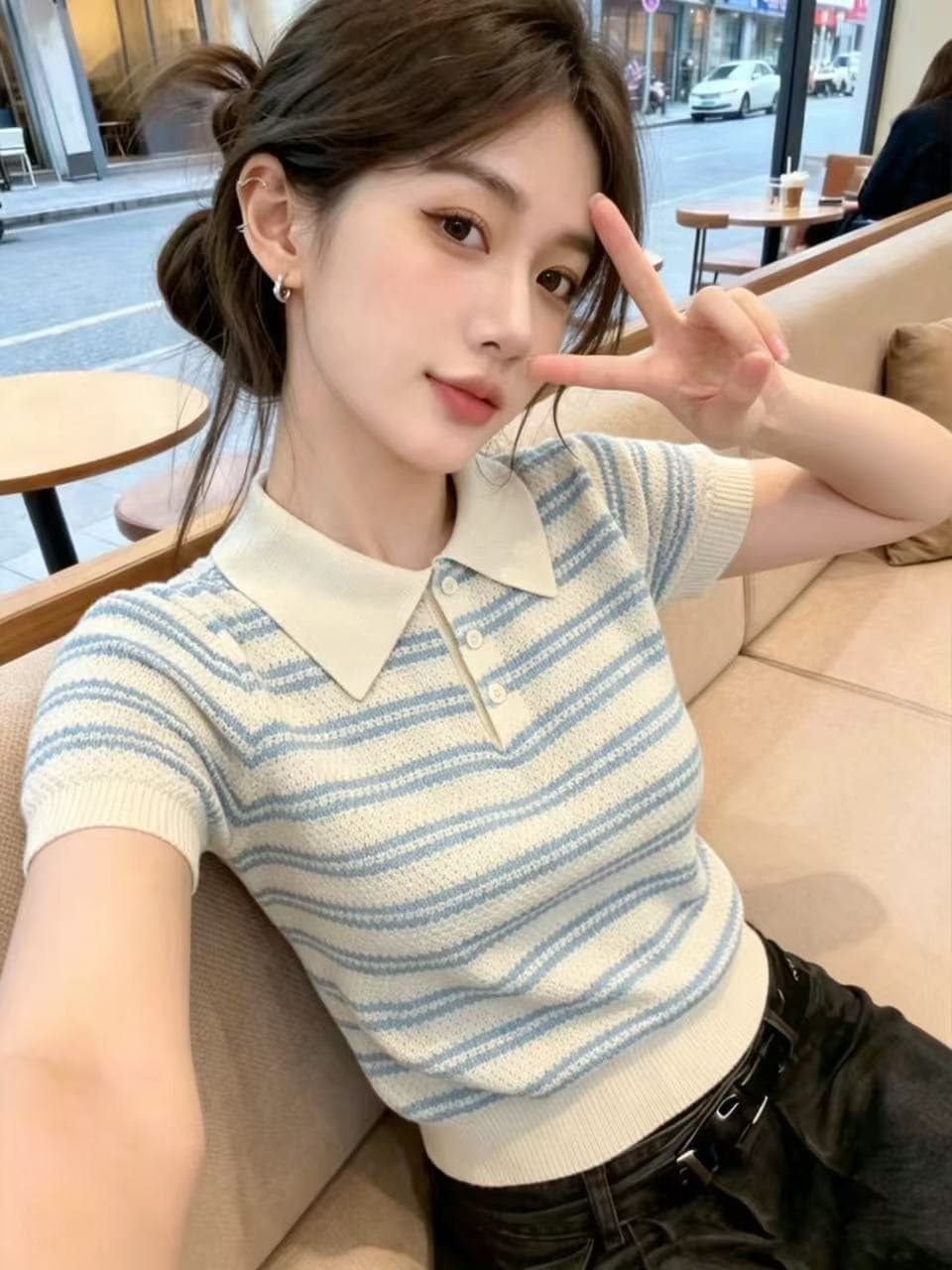 스트라이프 배색 니트 스웨터 반팔 티셔츠 여성 여름 디자인 센스 작은 대중 POLO 칼라 얼음 실크 얇은 스타일 긍정적 인 어깨 의류 상세 이미지 3