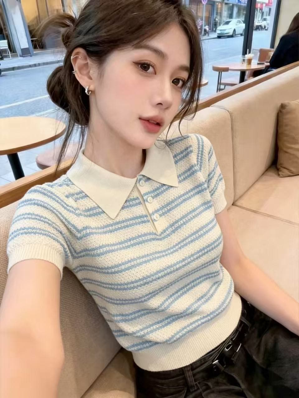 스트라이프 배색 니트 스웨터 반팔 티셔츠 여성 여름 디자인 센스 작은 대중 POLO 칼라 얼음 실크 얇은 스타일 긍정적 인 어깨 의류 상세 이미지 5