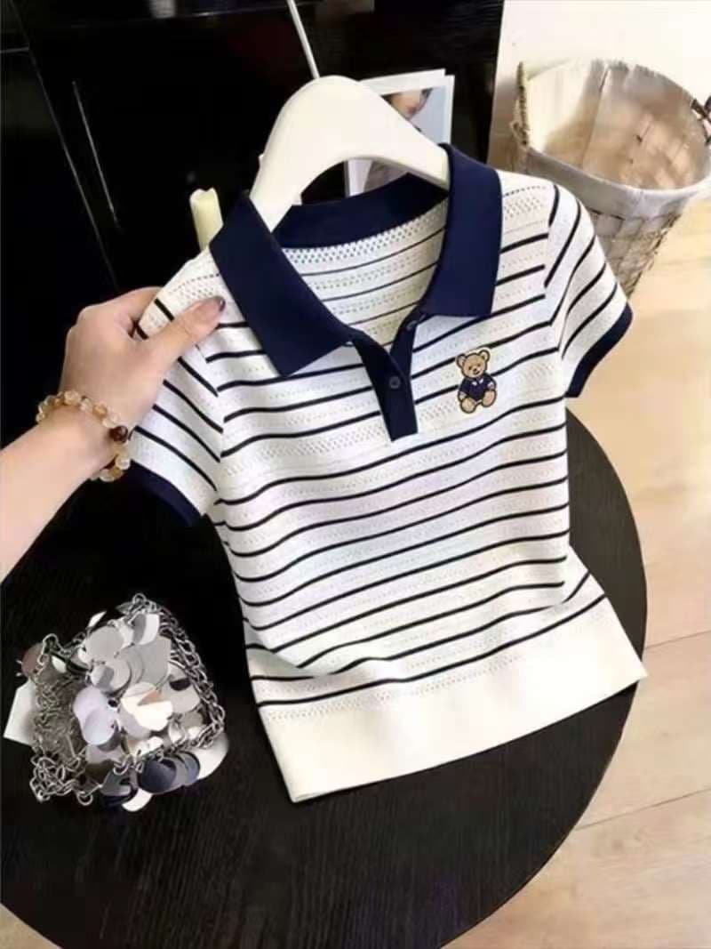 한 부서 자수 작은 곰 POLO 칼라 반팔 티셔츠 여성 여름 연령 감소 외국 가스 배색 스트라이프 몸매 가꾸기 슬림해 보이는 맨위 상세 이미지 3