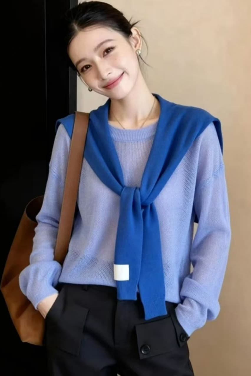 작은 대중 슈퍼 잘 생긴 홀로우 아웃 얇고 가벼운 태양 보호 셔츠 봄 드레스 패션 디스플레이 화이트 긴팔 니트 스웨터 숄 아름다운 작은 셔츠 여성 이미지 6