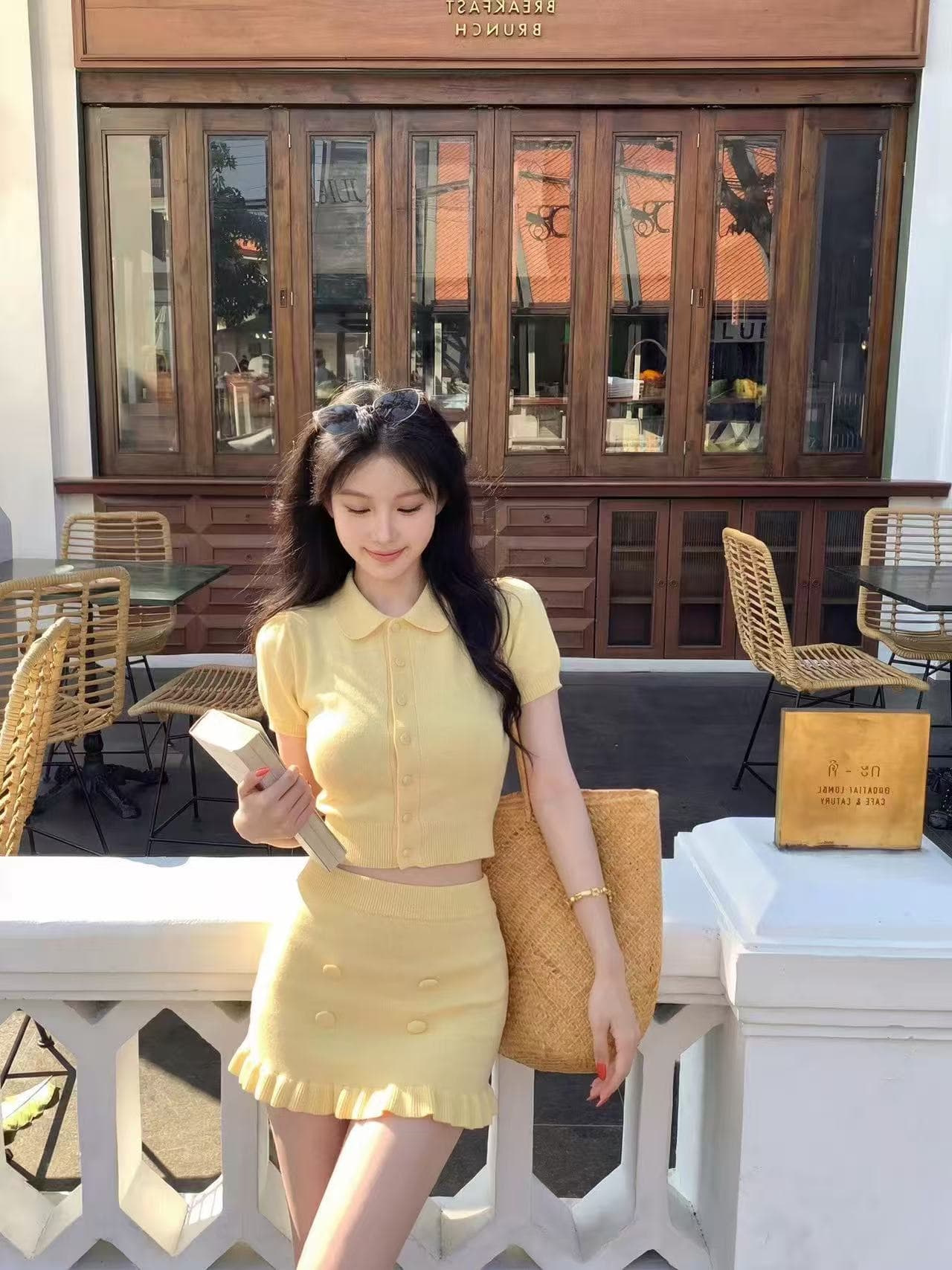 한 부서 부드러운 바람 니트 세트 드레스 여성 여름 반팔 몸매 가꾸기 맨위 타이트 스커트 미니 스커트 투피스 세트 이미지 3