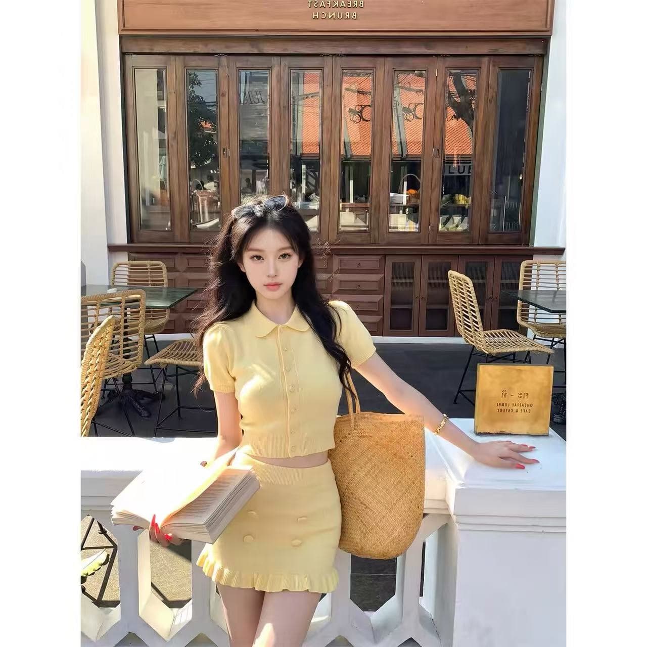 한 부서 부드러운 바람 니트 세트 드레스 여성 여름 반팔 몸매 가꾸기 맨위 타이트 스커트 미니 스커트 투피스 세트 상세 이미지 9