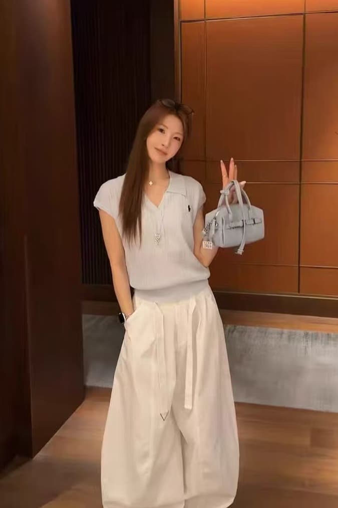 열세 개 3056 여름 새로운 한국 스타일 루즈핏 슬림해 보이는 다용도 폴로 칼라 니트 스웨터 여성용 짧은 소매 맨위 이미지 6