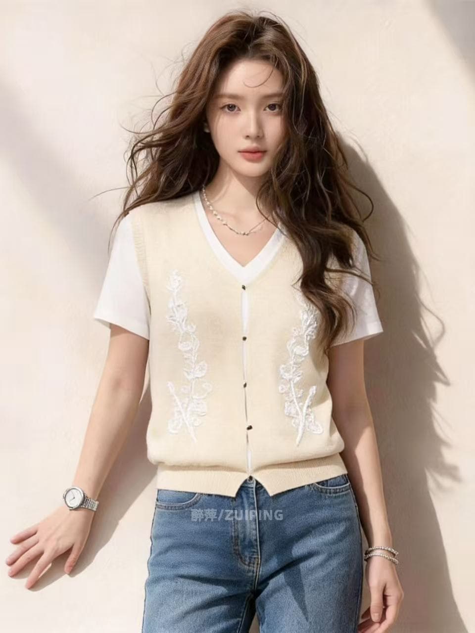 자수 베스트 팬시 실 자수 질감 센스 루즈핏 V넥 민소매 페이크 레이어드 오픈 가디건 맨위 상세 이미지 13