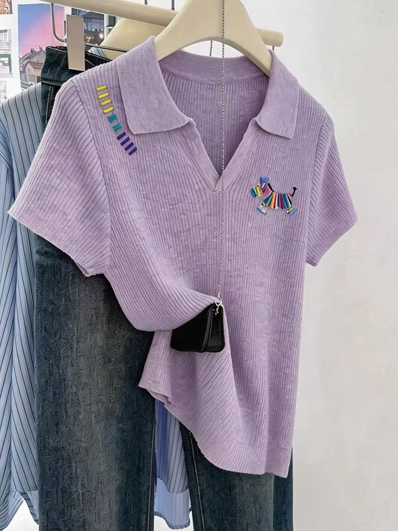 한 부서 미니멀리즘 회색 작은 말 자수 POLO 칼라 얼음 실크 니트 반팔 티셔츠 여성 여름 쇼트 스타일 슬림해 보이는 맨위 상세 이미지 4