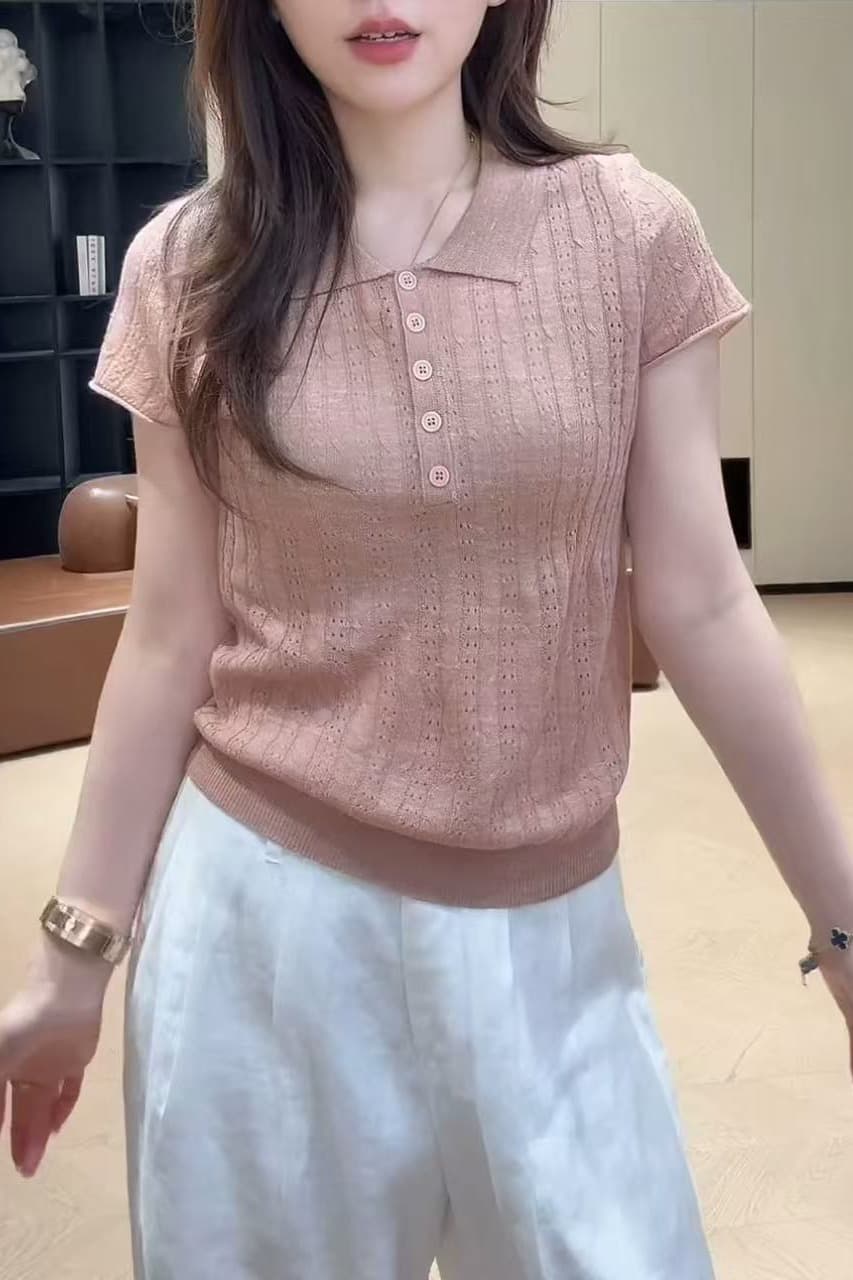 핑크색 홀로우 아웃 POLO 칼라 반팔 니트 스웨터 여성 여름 슬림해 보이는 티셔츠 2026 년 새로운 연령 감소 다용도 맨위 이미지 6