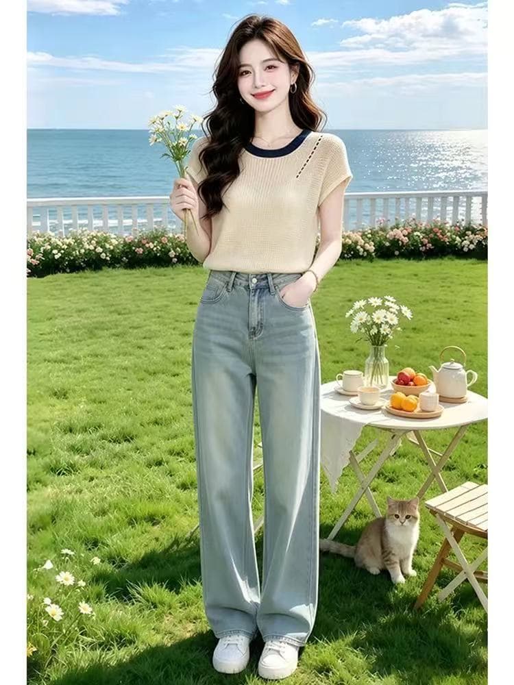 라운드 넥 홀로우 아웃 니트 긍정적 인 어깨 반팔 티셔츠 여성 여름 2026 새로운 디자인 센스 품격 슈퍼 화재 연령 감소 맨위 이미지 2