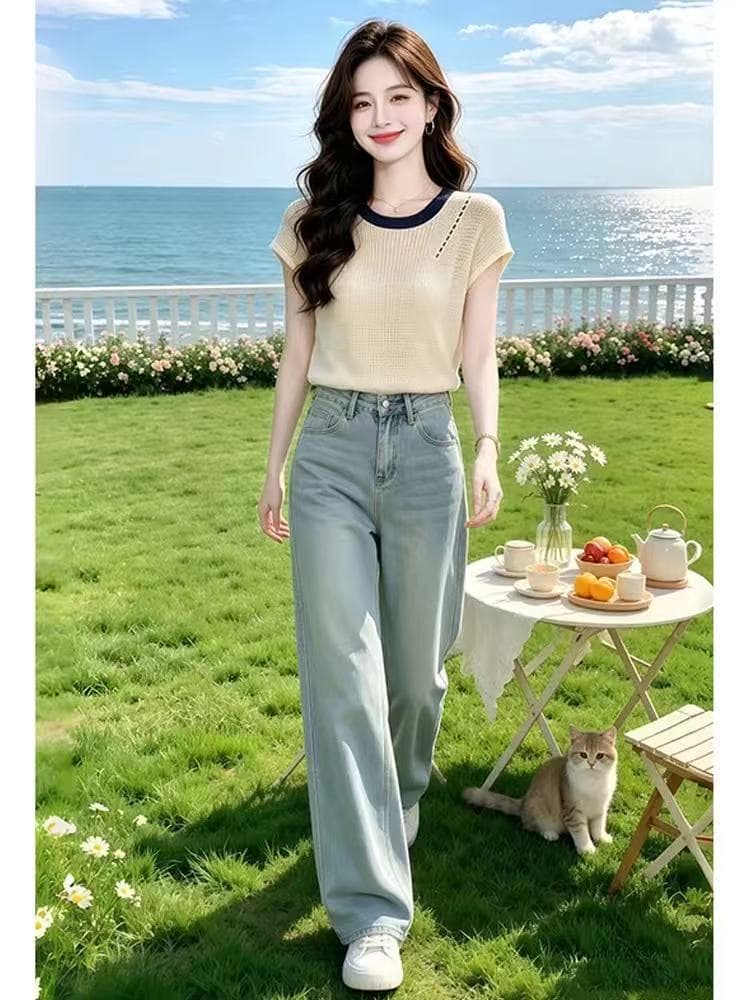 라운드 넥 홀로우 아웃 니트 긍정적 인 어깨 반팔 티셔츠 여성 여름 2026 새로운 디자인 센스 품격 슈퍼 화재 연령 감소 맨위 이미지 3
