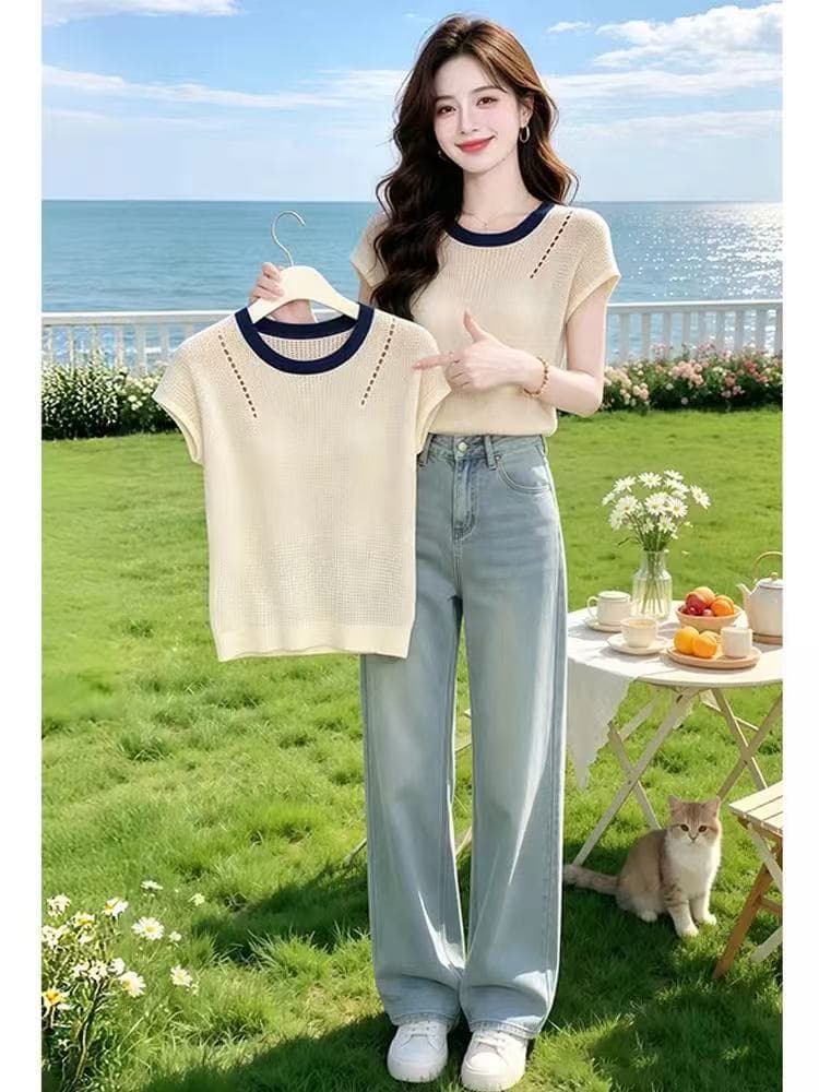 라운드 넥 홀로우 아웃 니트 긍정적 인 어깨 반팔 티셔츠 여성 여름 2026 새로운 디자인 센스 품격 슈퍼 화재 연령 감소 맨위 상세 이미지 5