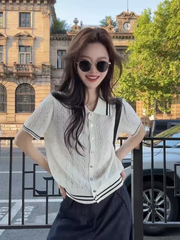 한 부서 스트라이프 홀로우 아웃 POLO 칼라 니트 스웨터 반팔 티셔츠 여성 여름 높은 품질 고유 한 아름다운 긍정적 인 어깨 의류 상세 이미지 5