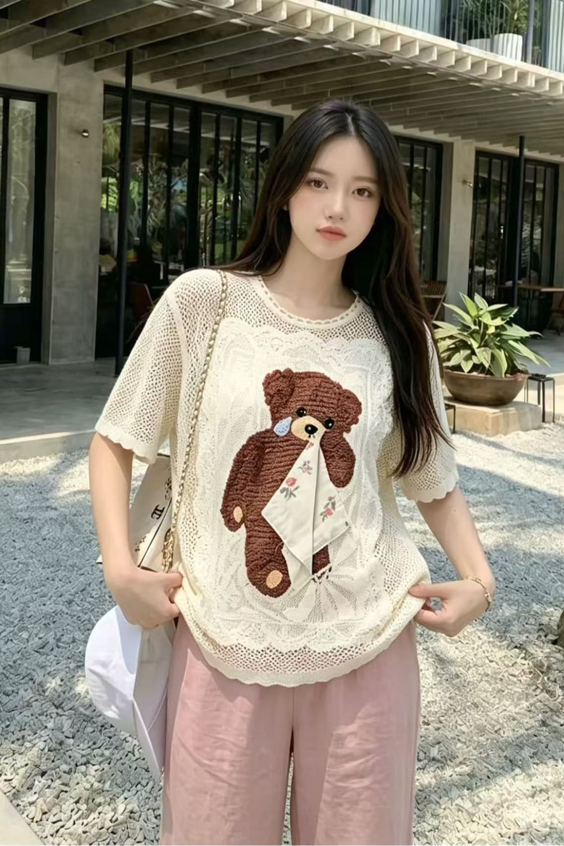 2026 새로운 패션 만화 자수 라운드 넥 반팔 얇은 스타일 니트 티셔츠 민소매 조끼 맨위 여성 이미지 6