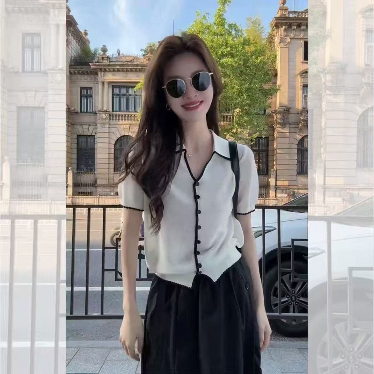 한 부서 배색 POLO 칼라 니트 오픈 가디건 반팔 티셔츠 여성 여름 품격 자이언트 잘 생긴 ~ 중 슬림해 보이는 긍정적 인 어깨 의류 이미지 2