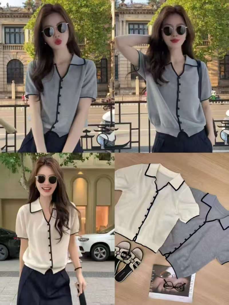 한 부서 배색 POLO 칼라 니트 오픈 가디건 반팔 티셔츠 여성 여름 품격 자이언트 잘 생긴 ~ 중 슬림해 보이는 긍정적 인 어깨 의류 상세 이미지 5