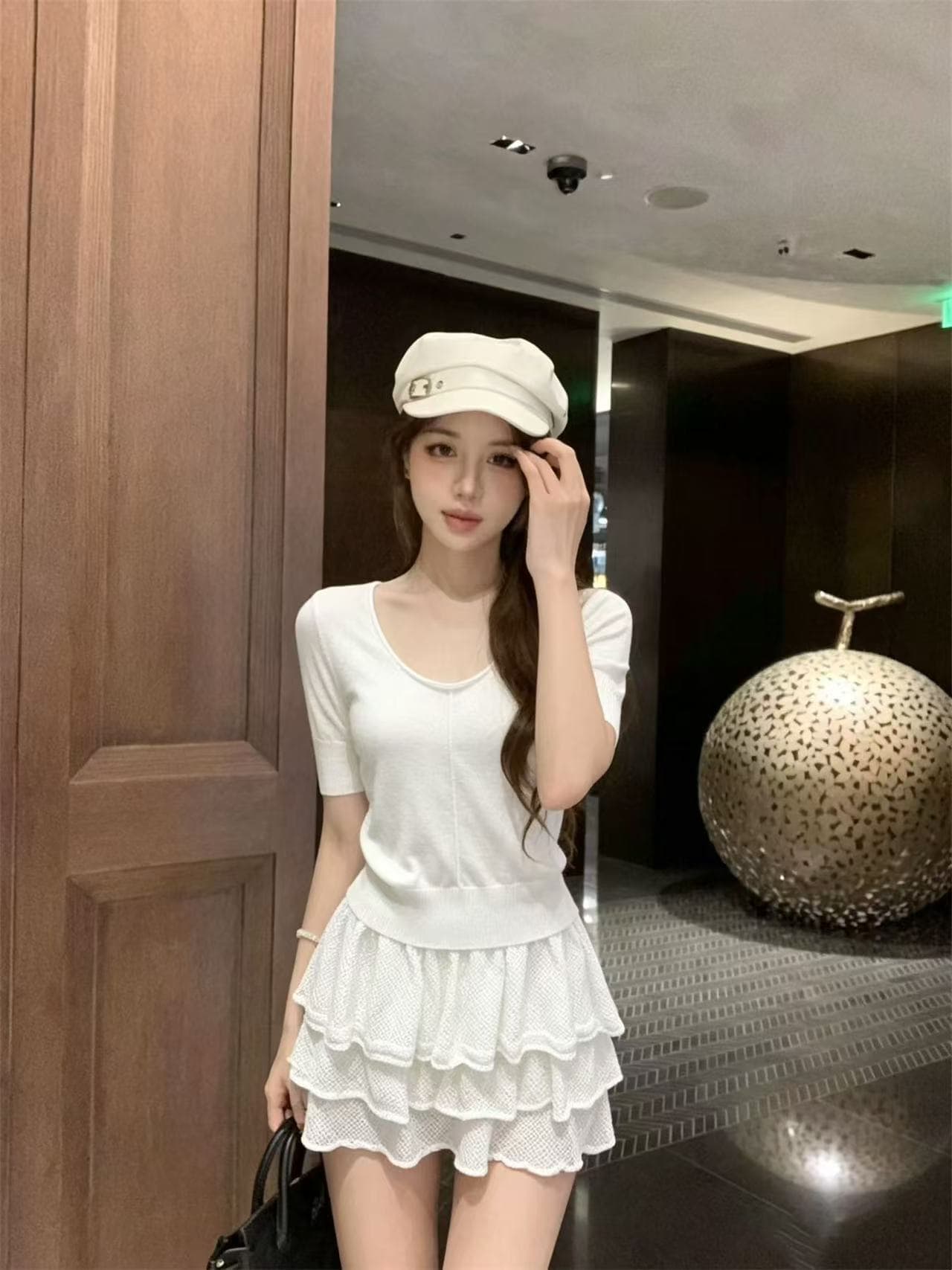 한 부서 느슨함 센스 커피 색상 u 칼라 니트 스웨터 맨위 여성 레트로 핫걸 금사 쉬폰 슬림해 보이는 인어 꼬리 반신 스커트
