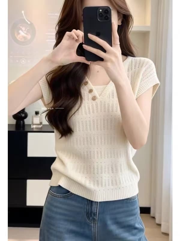 느긋한 바람 V넥 얇은 스타일 홀로우 아웃 반팔 니트 스웨터 여성 패션 슬림해 보이는 작은 키 디자인 센스 연령 감소 맨위 트렌디 상세 이미지 5