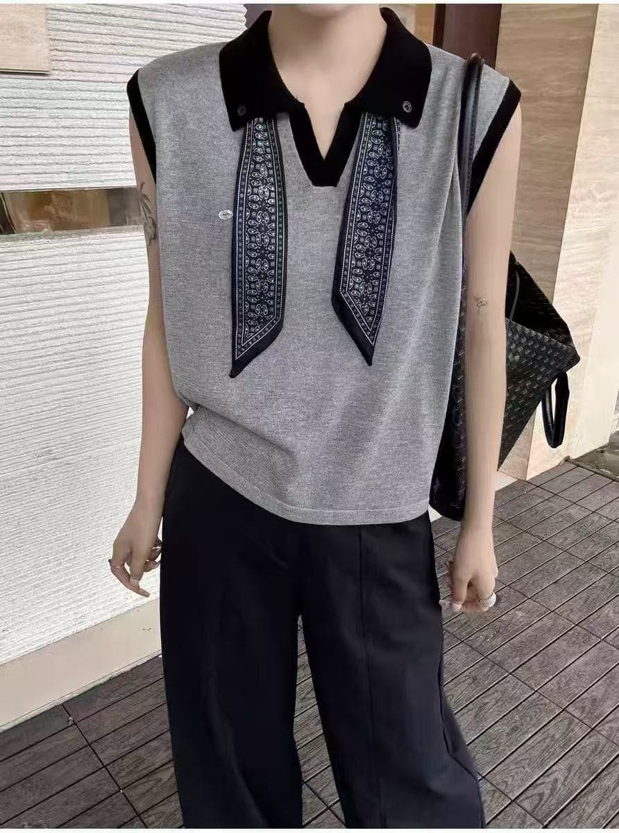 작은 폴로 칼라 단추 경기 스카프 레이스업 니트 스웨터 여성 2025 새로운 폭발 여름 얇은 스타일 민소매 조끼 맨위 이미지 4
