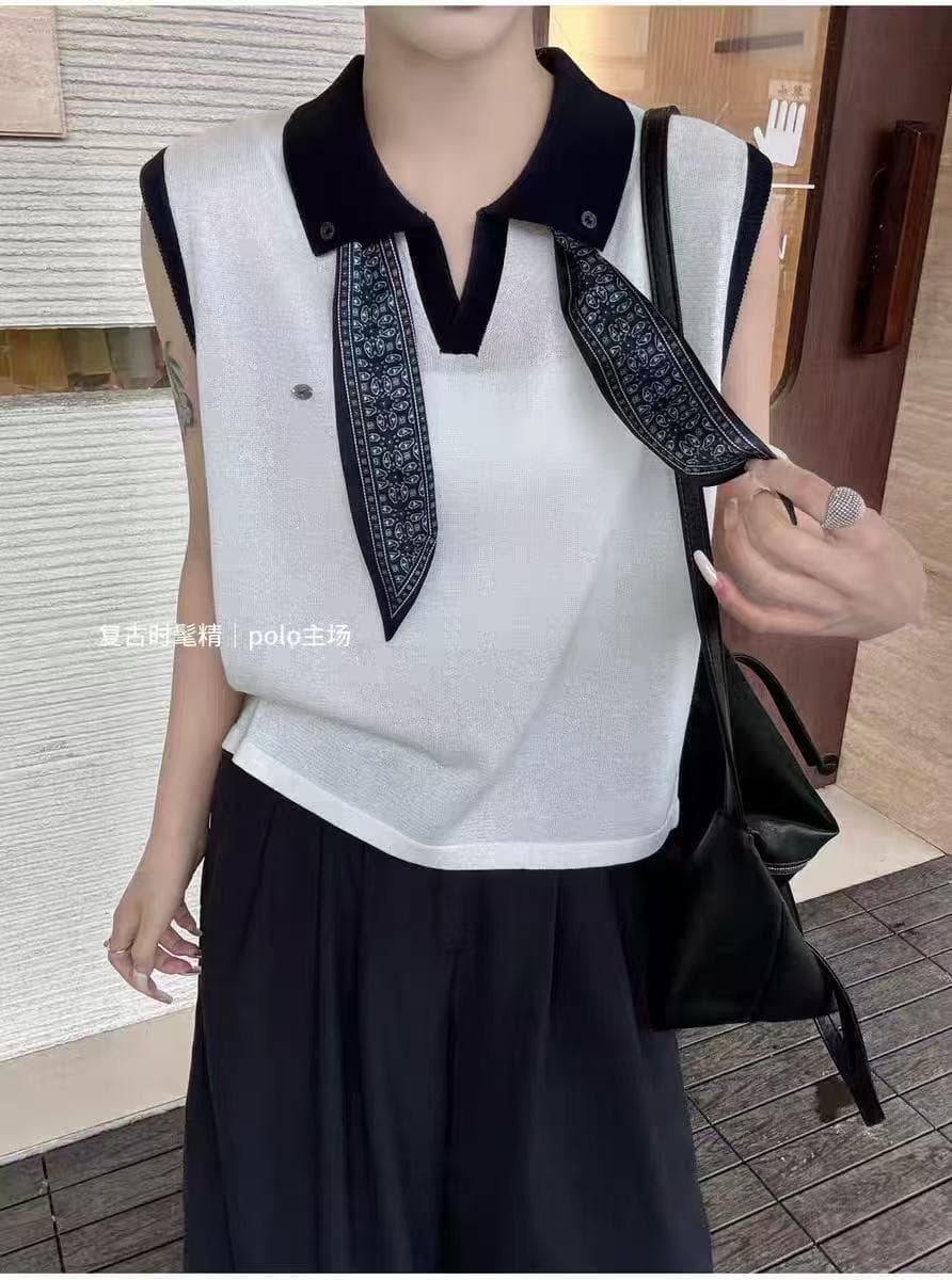 작은 폴로 칼라 단추 경기 스카프 레이스업 니트 스웨터 여성 2025 새로운 폭발 여름 얇은 스타일 민소매 조끼 맨위 이미지 3