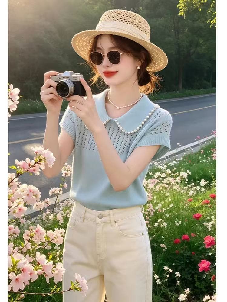 고급 센스 진주 베이비 칼라 얼음 실크 반팔 티셔츠 여성 여름 2026 새로운 홀로우 아웃 슬림해 보이는 품격 니트 맨위 상세 이미지 11