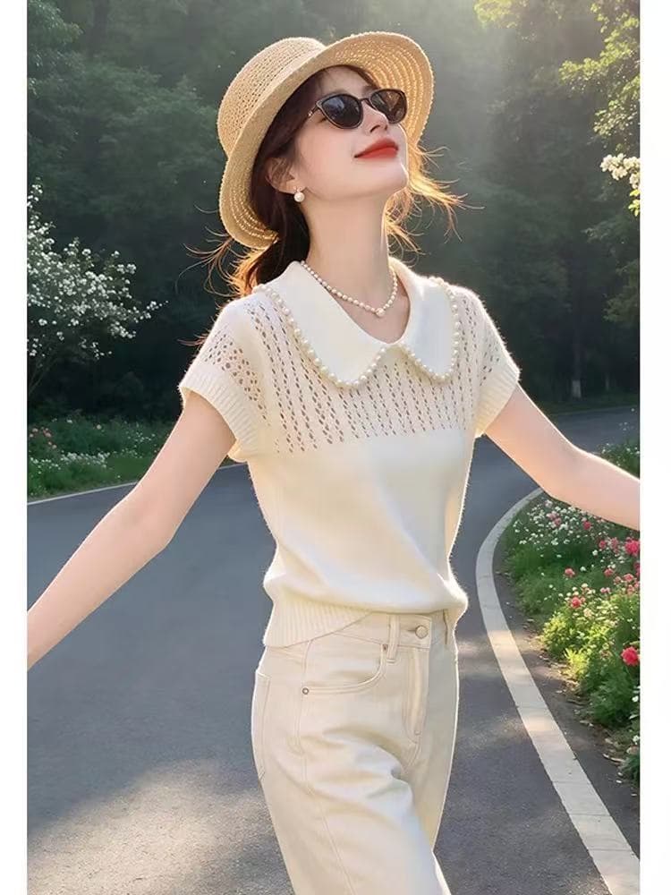 고급 센스 진주 베이비 칼라 얼음 실크 반팔 티셔츠 여성 여름 2026 새로운 홀로우 아웃 슬림해 보이는 품격 니트 맨위 상세 이미지 12