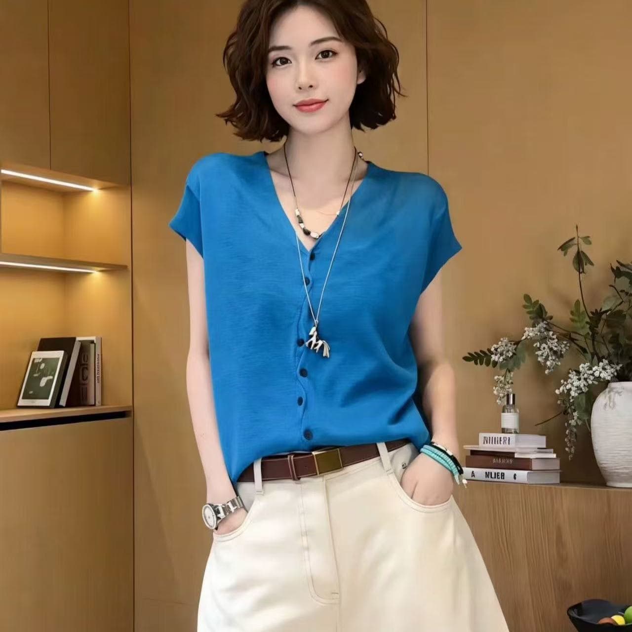 한 부서 느슨함 센스 레트로 V넥 반팔 니트 오픈 가디건 여성 여름 2026 새로운 루즈핏 슬림해 보이는 다용도 맨위 이미지 6